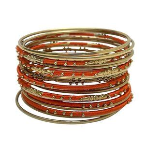 Amrita Singh Gold Tone Bangle Bracelet Set Orange Thread Wrapped 18 Bracelets